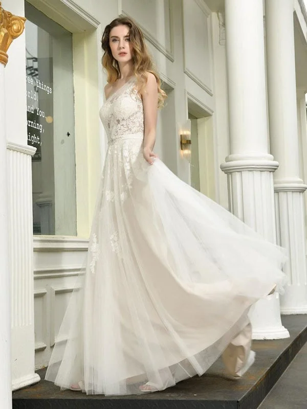 Bridal Dress 2021 One Shoulder Sleeveless Buttons Bridal Dresses With Train Sexy Lace Gown