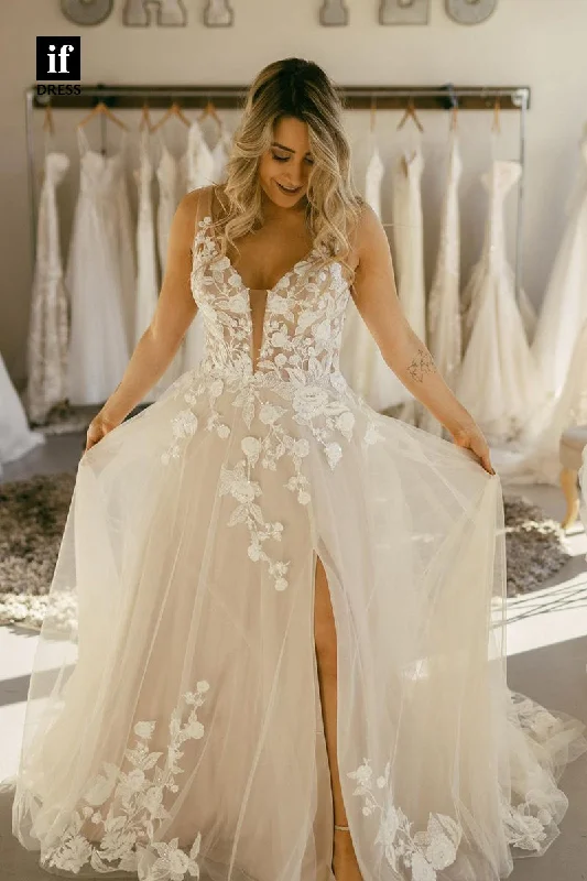 31644 - Plunging V-Neck Double Straps Split Appliques Boho Wedding Dress Beaded Bridal Gown