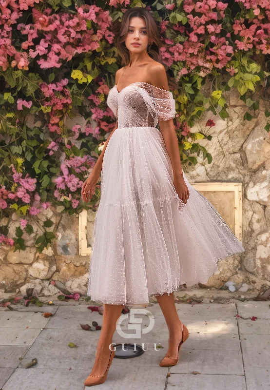 A-Line Off Shoulder Sleeveless Pleated Tea Length Tulle Wedding Dress Lace V-neck Dress