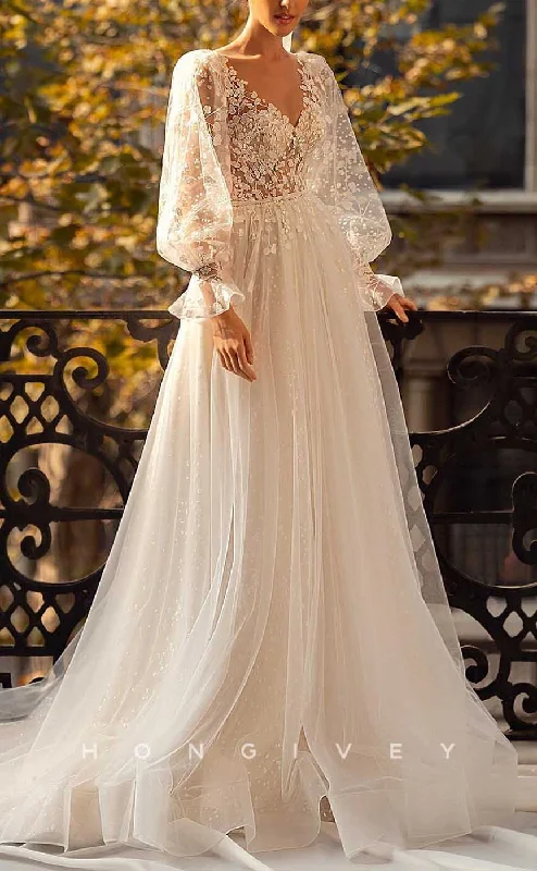 H1736 - Boho V-Neck Long Sleeve Sheer Empire Appliques Wedding Dress Ruffle Wedding Gown