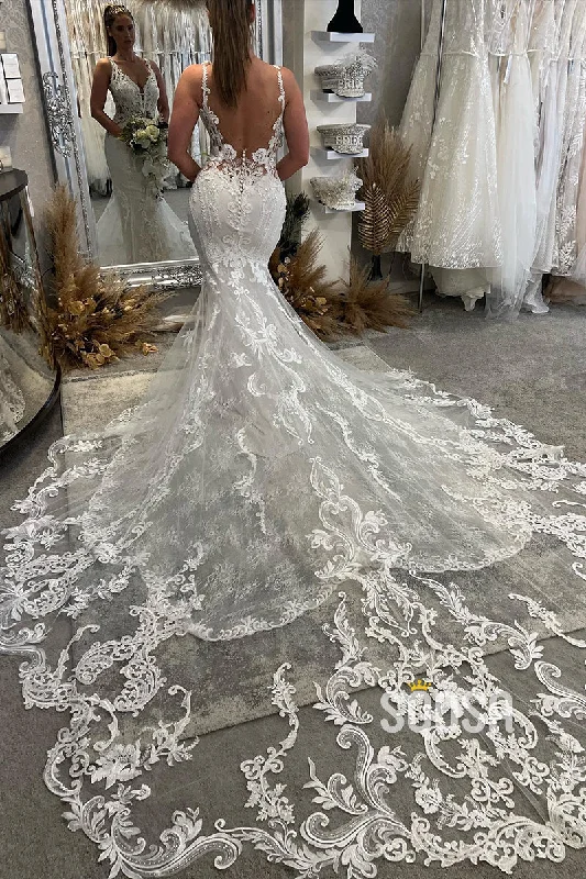 Attractive V-Neck Lace Appliques Mermaid Wedding Dress Bridal Gown QW2578 Simple Wedding Dress