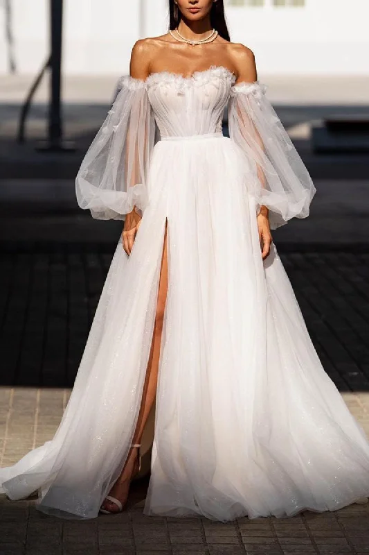 A Line Sweetheart Hall Casual Wedding Dress with Sleeves Appliques Bridal Gowns QW2585 Sheer Wedding Dress