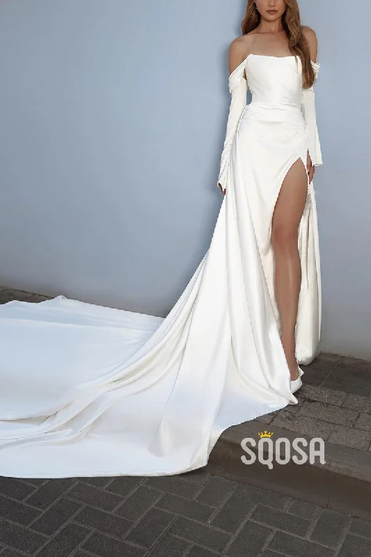 Off-Shoulder Long Sleeve Empire Pleats With Side Slit Wedding Dress QW8135 Satin Bridal Gown