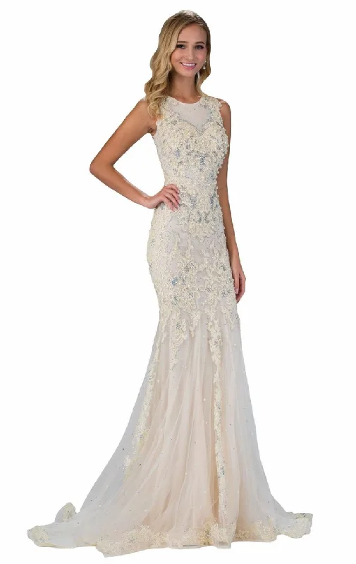 Elizabeth K Bridal - GL1344 Bead and Pearl Embellished Jewel Neckline Jersey Gown Sparkling Wedding Dress