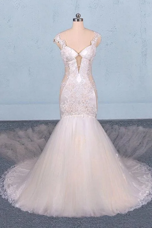 Gorgeous Mermaid Tulle Wedding Dress, Chapel Train Long Bridal Gown N2303 Mermaid Wedding Gown