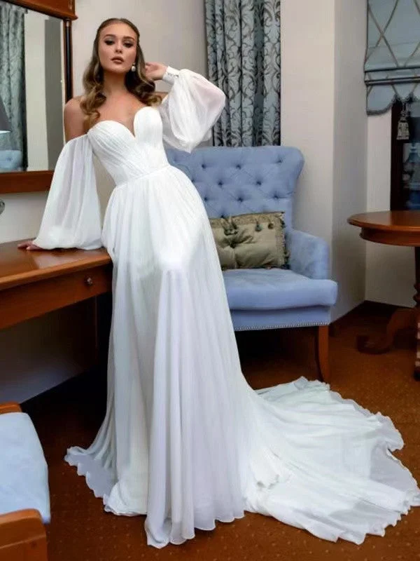 Long Bubble Sleeves Wedding Dresses, A-line Fashion Bridal Gowns, Simple Newest Chiffon Wedding Dresses Full Skirt Wedding