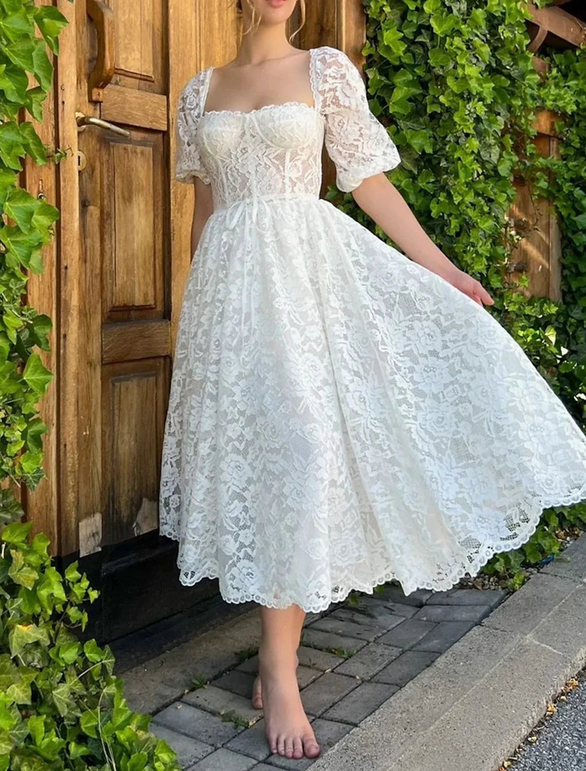 Reception Little White Dresses Wedding Dresses A-Line Sweetheart Half Sleeve Tea Length Lace Bridal Gowns With Appliques Solid Color Ruffled Wedding Dress