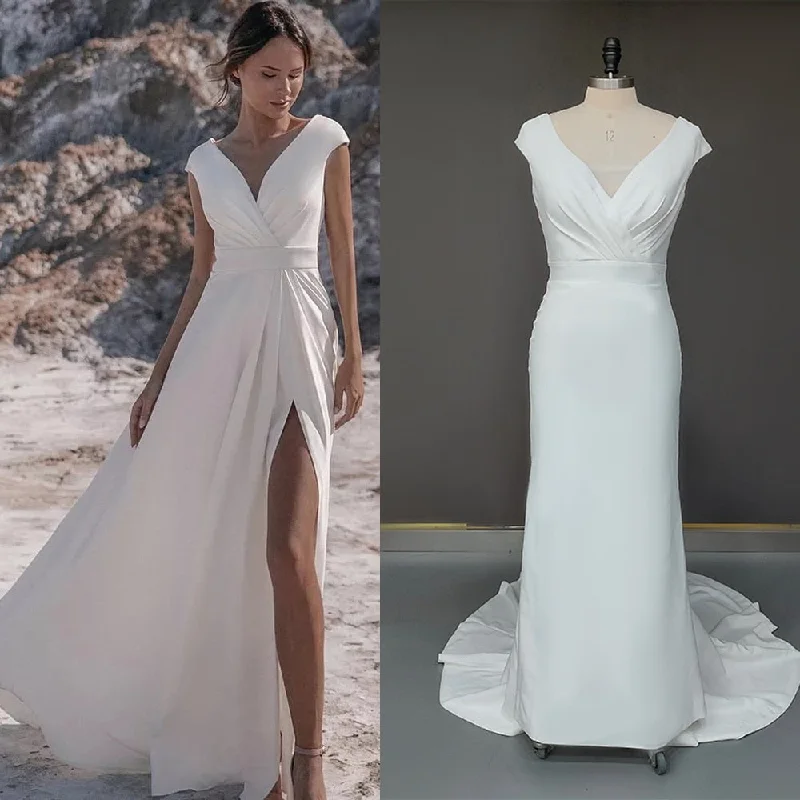 Soft Satin Sweep Train Bridal Gown Sexy Lace Gown