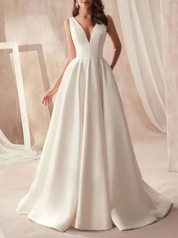 Vintage Wedding Dresses 2021 A Line V Neck Sleeveless Floor Length Pleat Bridal Gowns With Train Wedding Dress Long