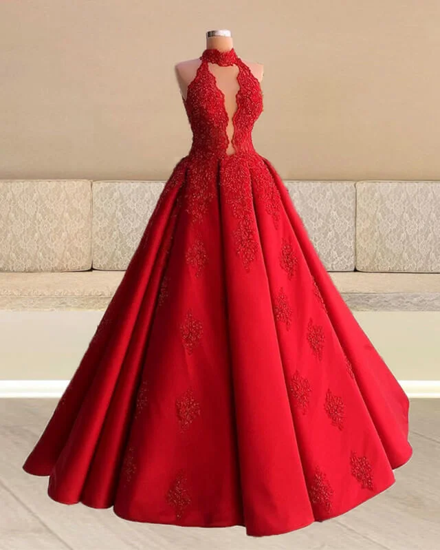 Red Lace Halter Ball Gown Satin Dress Princess Wedding Dress