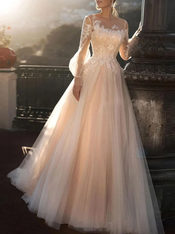 Wedding Dresses 2021 A Line Illusion Neck Long Sleeve Floor Length Tulle Pleated Bridal Dress With Train Modern Lace Gown