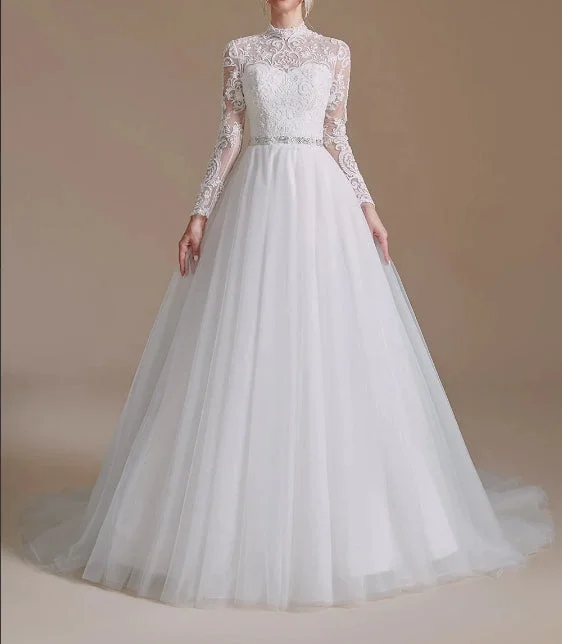 White A-Line High Neck Long Sleeves Wedding Dress with Lace Empire Waist Dress