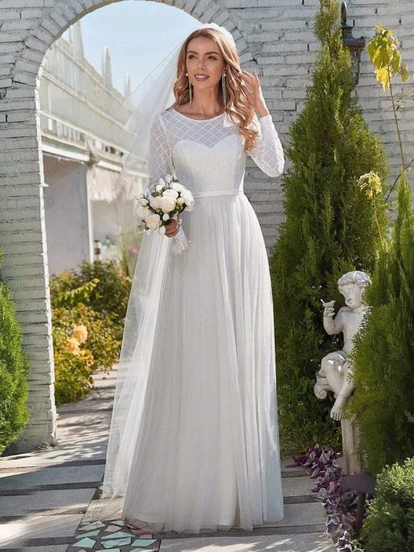 White Simple Wedding Dress Jewel Neck Long Sleeves Natural Waist A-Line Tulle Long Bridal Dresses Off-shoulder Gown