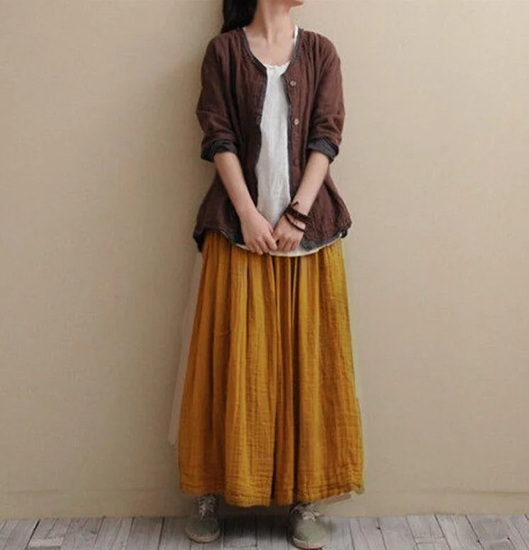 Vintage Cotton Linen Pleated Skirt Stretchy unclassified skirts