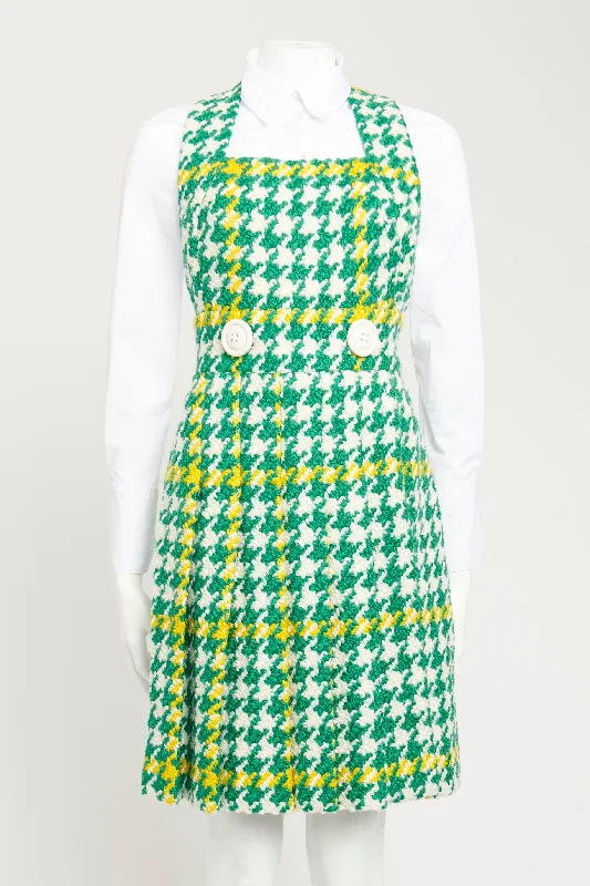 2015 Green Wool Check Preowned Houndstooth Pinafore Midi Dress Velvet midi dresses