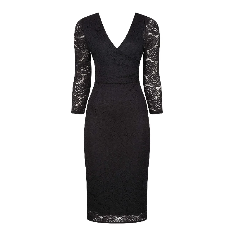 Black Lace 3/4 Sleeve Wrap Over Effect Midi Dress Hot new arrivals in midi dresses