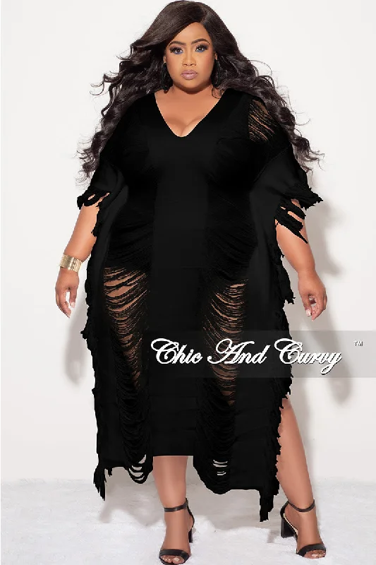 Final Sale Plus Size Distressed Sweater Midi Fringe Dress in Black Preppy midi dresses