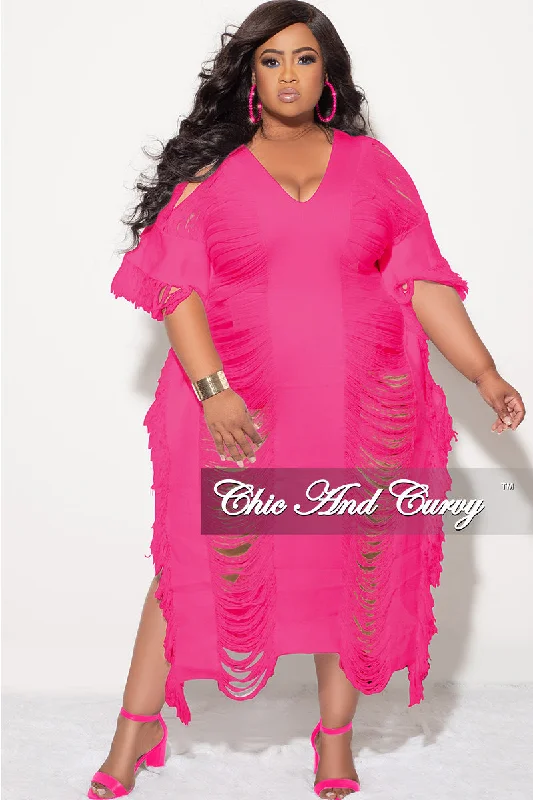 Final Sale Plus Size Distressed Sweater Midi Fringe Dress in Pink Minimalist midi dresses