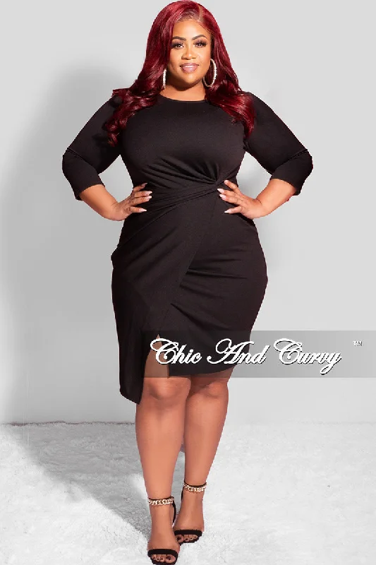 Final Sale Plus Size Long Sleeve Side Knot Wrap Midi Dress in Black Sexy little black midi dresses