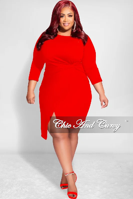 Final Sale Plus Size Long Sleeve Side Knot Wrap Midi Dress in Red Corset midi dresses