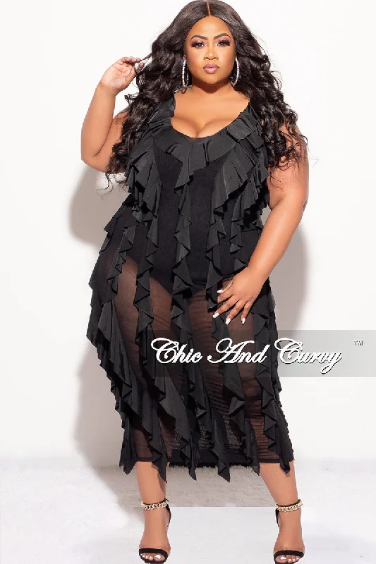 Final Sale Plus Size Sleeveless Sheer Ruffle Midi Dress in Black Knitted midi dresses