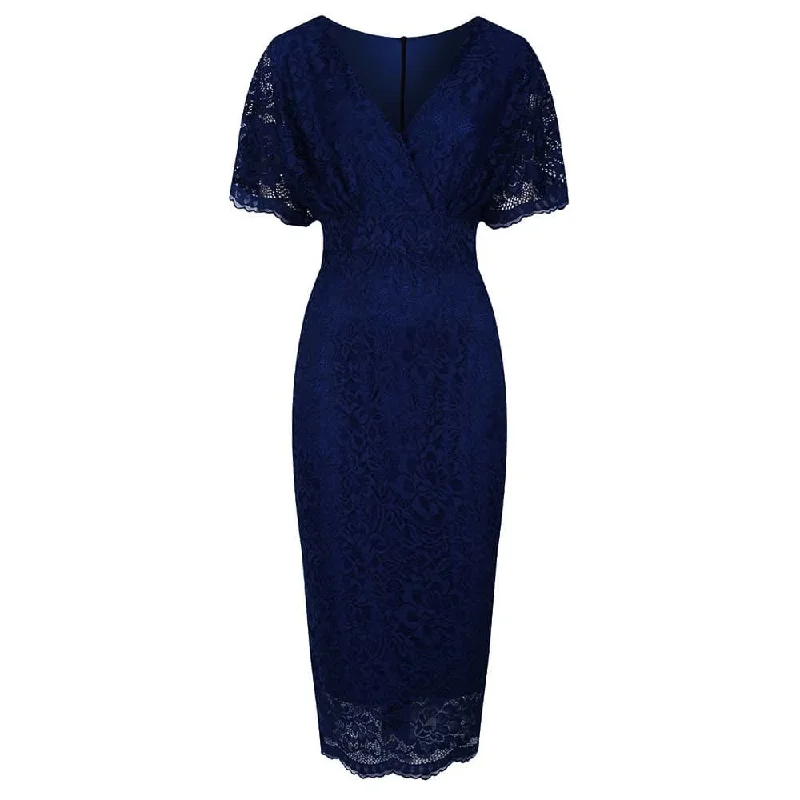 Navy Blue Vintage Lace Detail Bodycon Midi Pencil Dress Elegant midi dresses