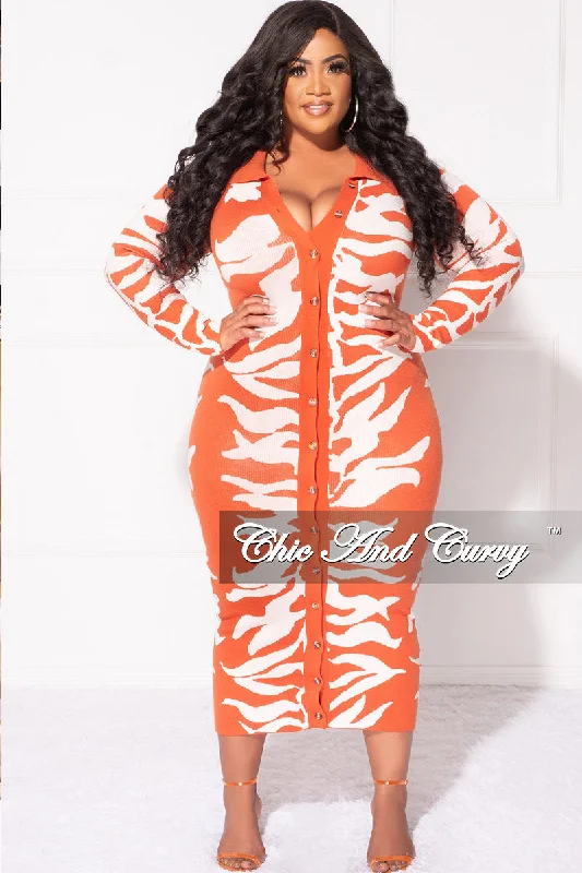 Final Sale Plus Size Collar Button Up Midi Dress in Rust and White Design Print Long sleeve midi dresses