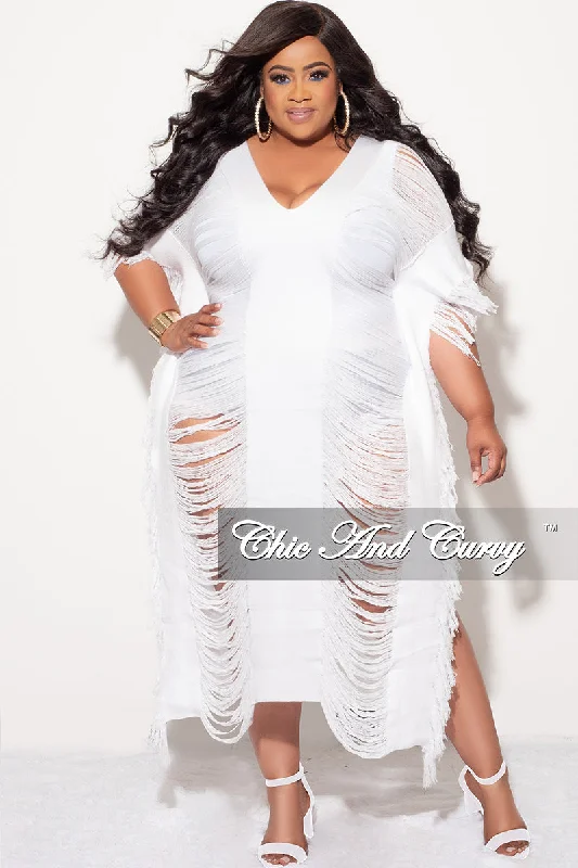 Final Sale Plus Size Distressed Sweater Midi Fringe Dress in White Fashion Nova midi dresses