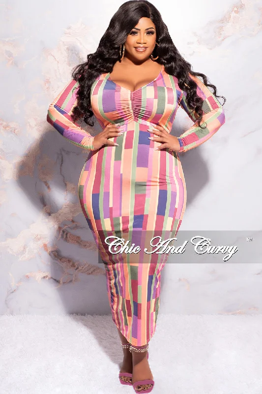 Final Sale Plus Size Long Sleeve Midi Dress with Back Slit in Multi Color Stripe Print Silk midi dresses