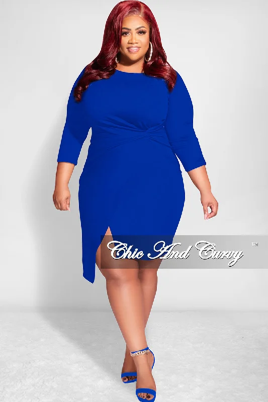 Final Sale Plus Size Long Sleeve Side Knot Wrap Midi Dress in Blue Winter midi dresses