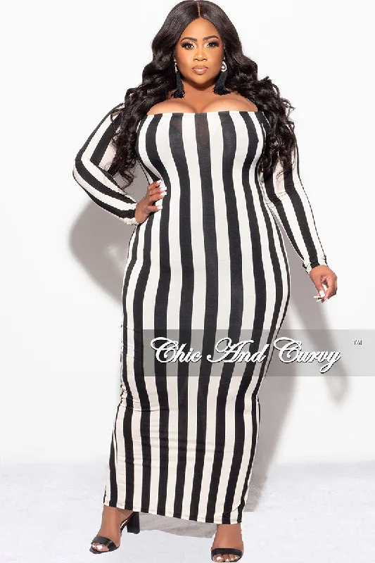 Final Sale Plus Size Off The Shoulder BodyCon Midi Dress in Black & Beige Stripes Boohoo midi dresses