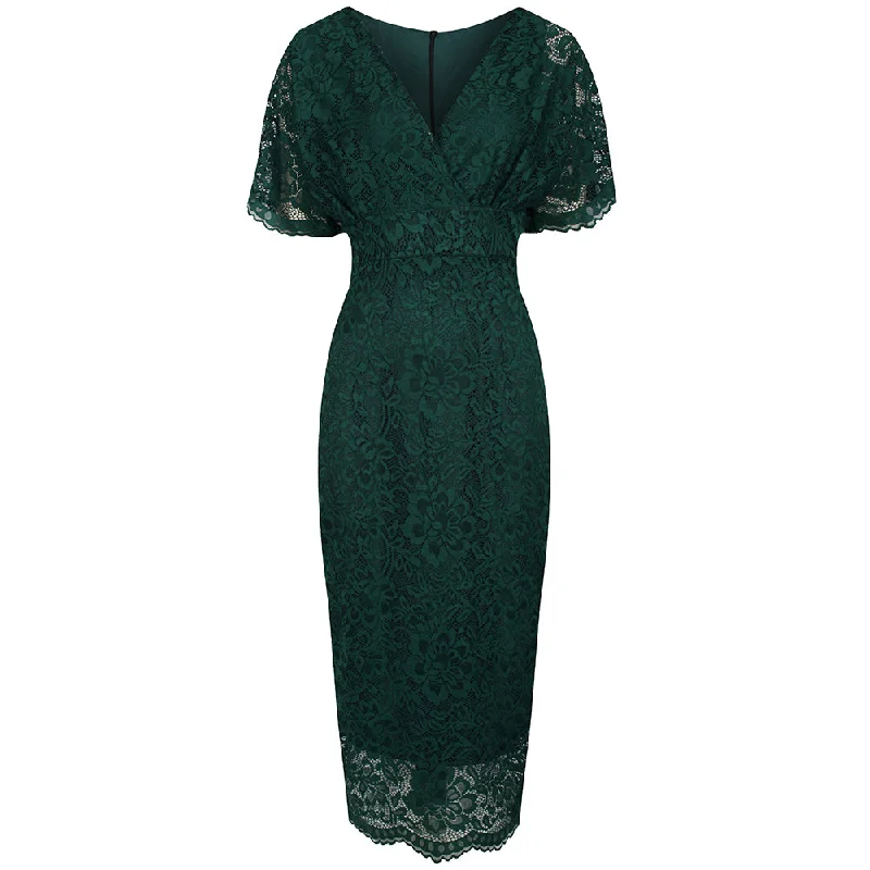 Forest Green Vintage Lace Detail Bodycon Midi Pencil Dress Formal midi dresses