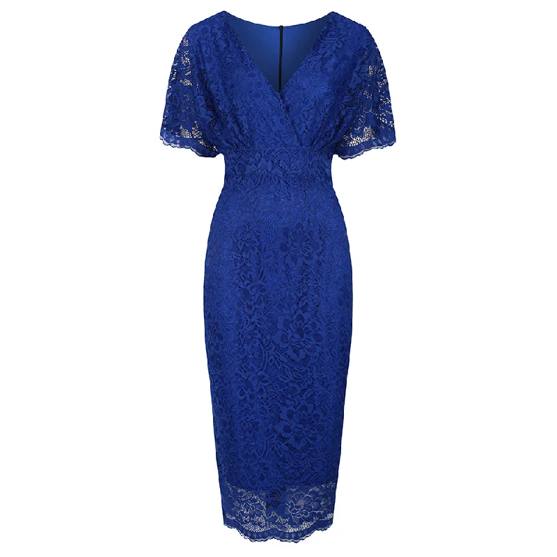 Royal Blue Vintage Lace Detail Bodycon Midi Pencil Dress Cocktail midi dresses