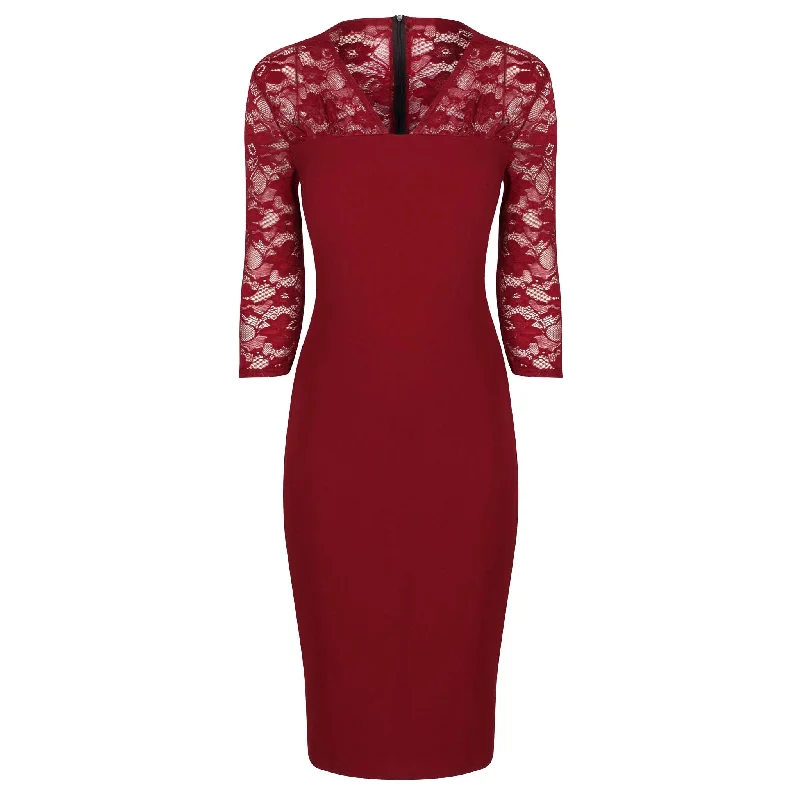 Wine Red Vintage Lace Detail Bodycon Midi Dress Lace midi dresses