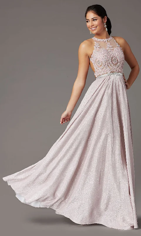 Embellished-Bodice Long Glitter-Knit Prom Dress Discounted maxi dresses