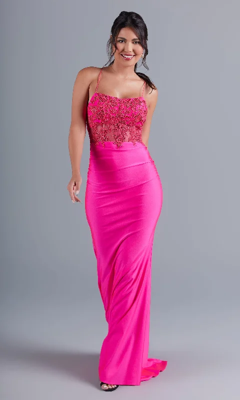 Hot Pink Long Formal Dress with Sheer Bodice Shein maxi dresses