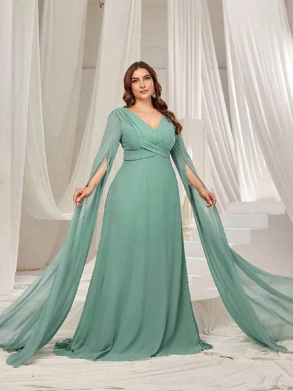 Plus Solid Ruched Front Extra-Long Sleeves Chiffon Prom Dress Fashion-forward maxi dresses