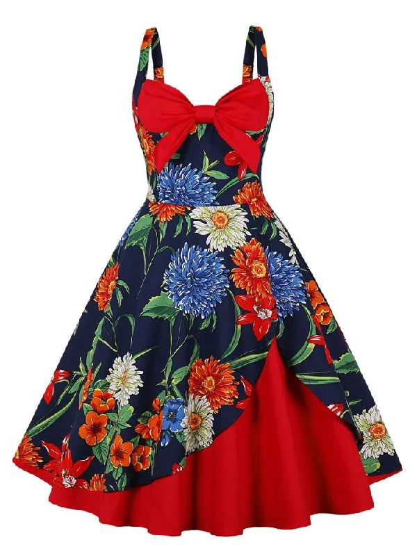 Bow Front Floral Print Rockabilly Vintage Robe Spaghetti Strap Women Sexy Party Fit and Flare Summer Dress Best floral dresses for hourglass body shape