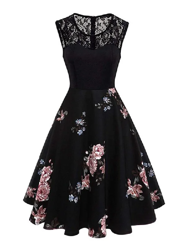 Contrast Lace Sleeveless Vintage Floral Summer Elegant Women Knee Length A-Line Black Dress Floral dresses under $50