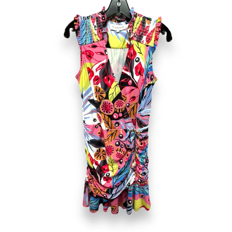 Tropical Print Smocked Sleeve Ruched Dress Designer By Hale Bob In Multi-colored, Size: S Long floral dresses