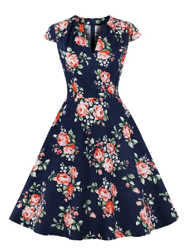 Floral 50s Vintage Rockabilly Cotton Women V-Neck Cap Sleeve Summer Evening Party Navy Blue Dress Wedding guest floral dresses