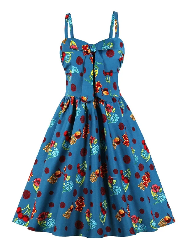 Fruit and Floral Vintage 50s Bow Front Pleated Cotton Women Spaghetti Strap Summer High Waist Pocket Dress Casual floral dresses