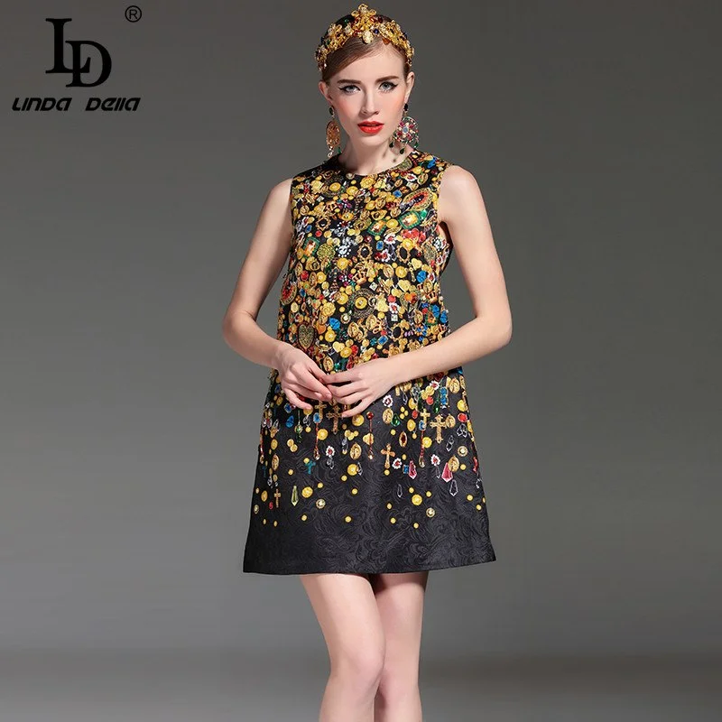 High Quality 2022 Fashion Designer Runway Summer Dress Women's Sleeveless Straight Luxury Beading Jacquard Printed Vintage Dress Date night floral dresses