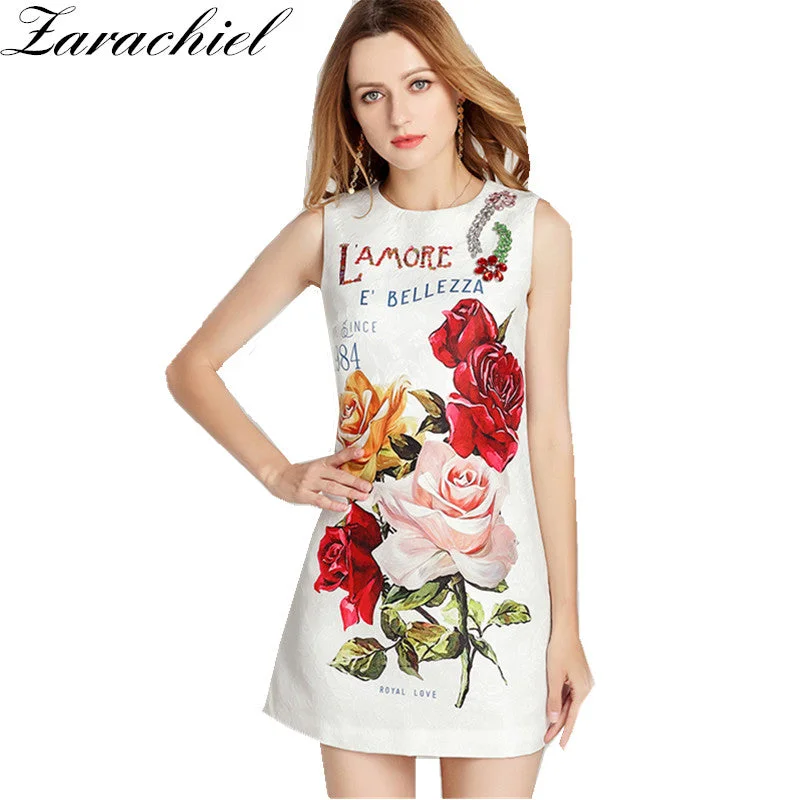 High Quality Short Dress Runway Summer Women's Sleeveless Luxurious Diamonds Button Beading Floral Printed Jacquard Vest Dress Zara floral dresses