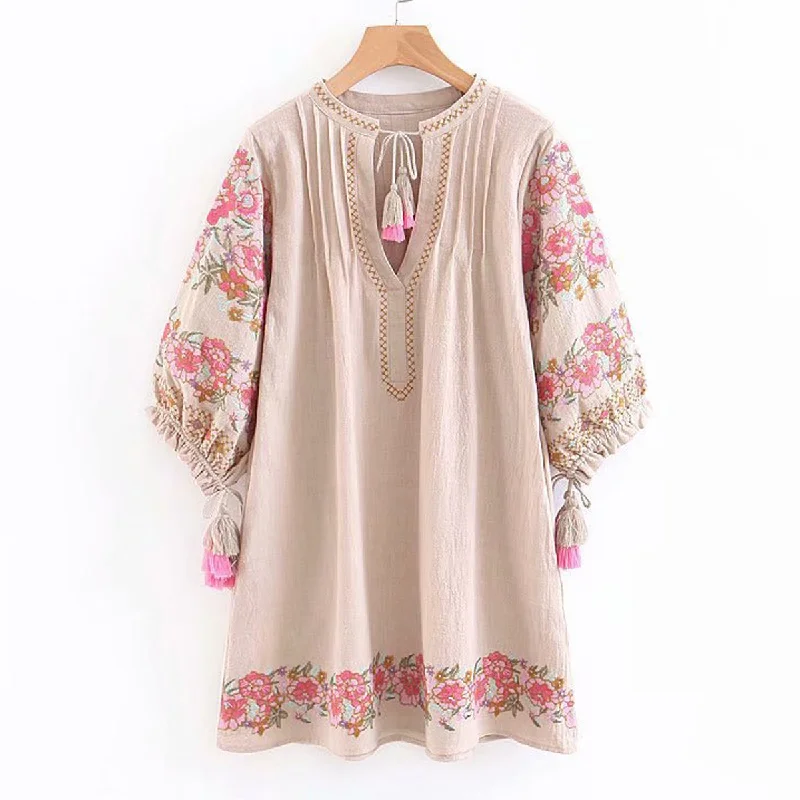 Embroidered floral Tunic Dress 2022 Spring Summer Dresses Lantern Sleeve V-neck Tassel Boho Hippie Beach Dress Vestidos Budget-friendly floral dresses