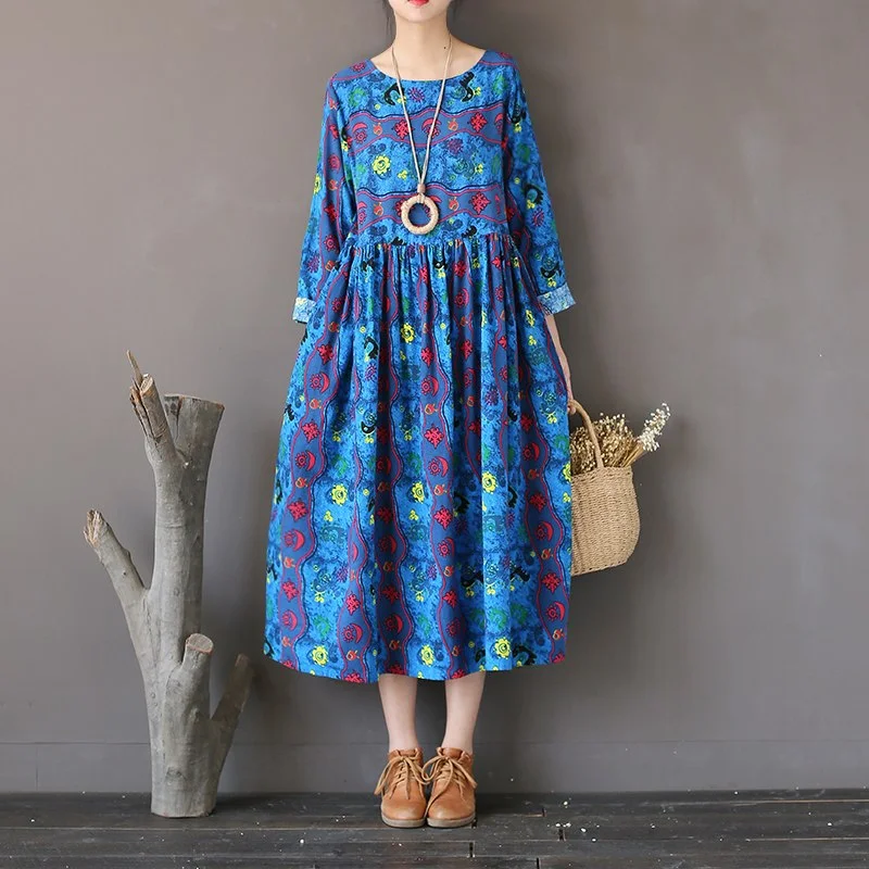 Women Chinese Style Dress Autumn 2022 New Linen Cotton Totem Print O-Neck Soft Vintage Full Sleeve Comfortably Dresses Cheap floral dresses