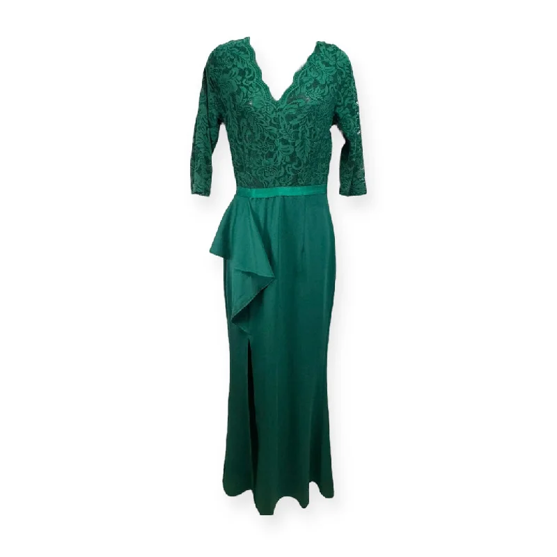 Vintage Floral Lace Ruffle Half Sleeve Evening Gown By Missmay In Green, Size: S Beach floral dresses