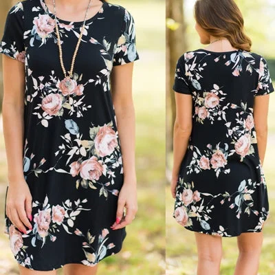 Floral Print Dress Women Summer Dresses Short Sleeve Casual Beach Vestidos Female Robe Pockets Flowers Woman Sundress Women's floral dresses