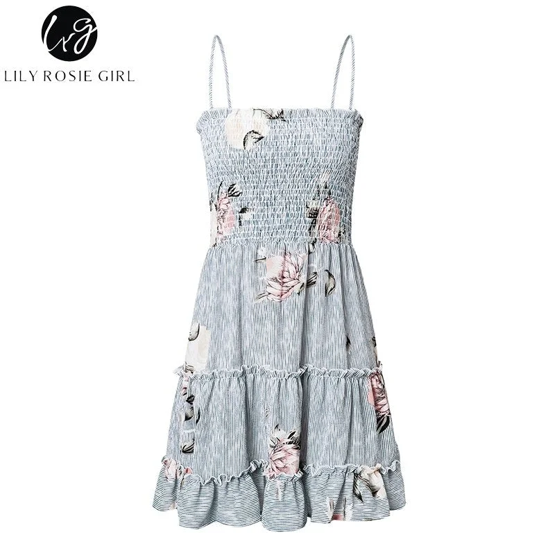 Lily Rosie Girl Print Ruffles Floral Sexy Dress Boho Women Summer Dress 2022 Strapless Spaghetti Strap Party Beach Dress Vestido Discounted floral dresses