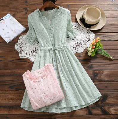 Mori Girl Sweet Summer Women Floral Dress Ruffled Collar Print String Female Vestidos Jacquard Cotton Pink Green Cute Dress Chiffon floral dresses